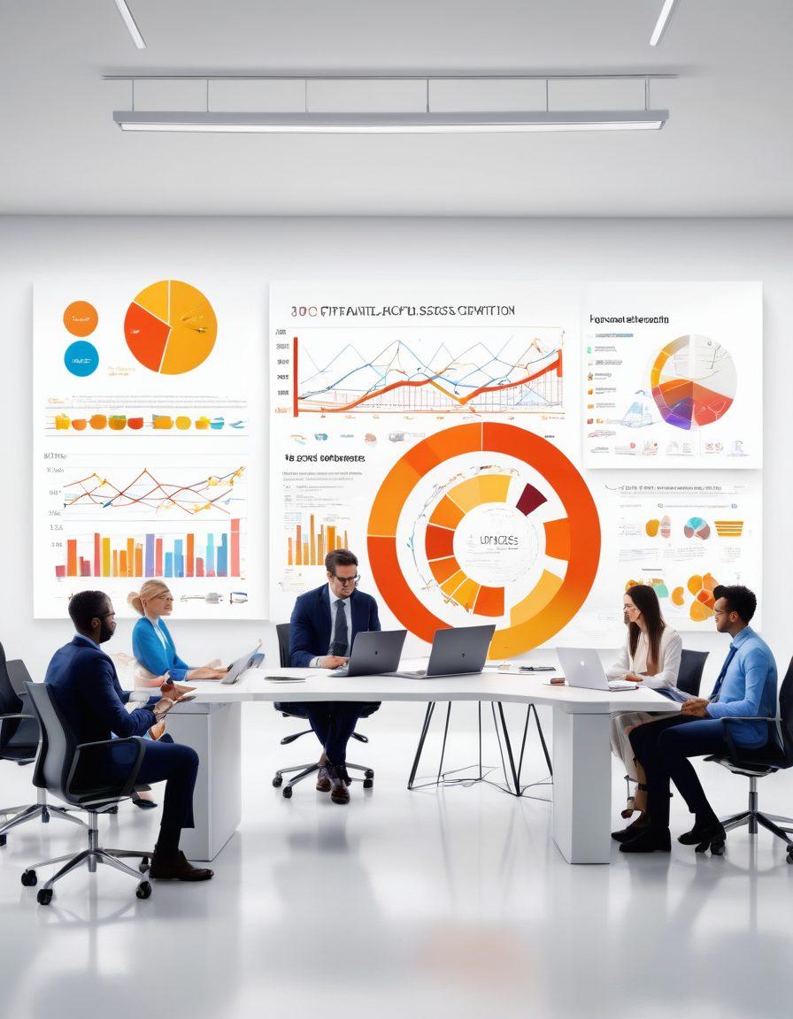 A modern office environment showcasing a diverse team collaborating over innovative technology and digital tools, with an overlay of futuristic graphs and success symbols. Emphasize an atmosphere of empowerment and growth, depicting creativity and collaboration. Bright colors and dynamic angles should invigorate the scene, emphasizing forward-thinking and success. super-realistic. vibrant colors. white background.