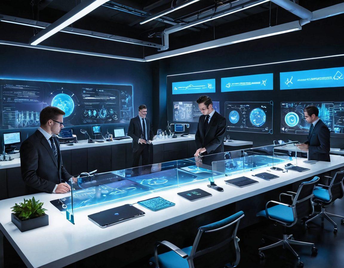 A futuristic laboratory showcasing advanced technology in action. Visible are engineers collaborating on sleek, innovative devices that embody cutting-edge design. A digital hologram of the GNXX Technologies logo prominently displayed, symbolizing creativity and innovation. The environment is filled with high-tech gadgets, brainstorming sketches, and a bright, optimistic atmosphere. The color palette is vibrant and energetic, invoking a sense of progress and invention. super-realistic. vibrant colors. 3D.